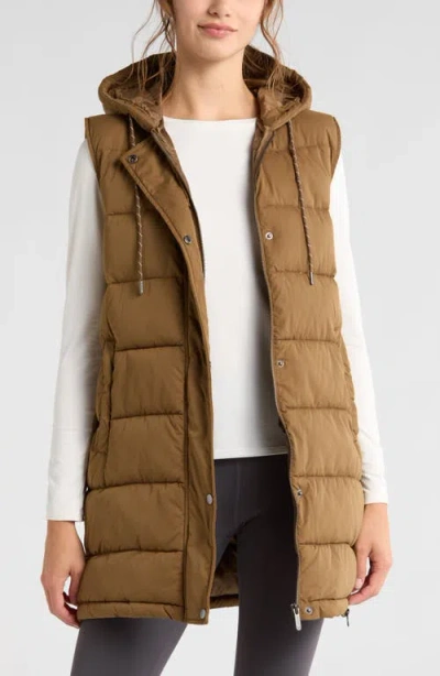 Zella Long Hooded Puffer Vest In Brown