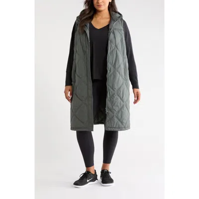 Zella Long Hooded Puffer Vest In Green Urban