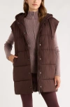 Zella Longline Hooded Puffer Vest In Brown