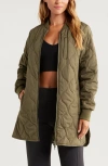 Zella Longline Onion Quilted Bomber Jacket In Olive Night