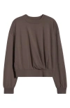 Zella Luxe Pleated Cotton Blend Terry Sweatshirt In Brown