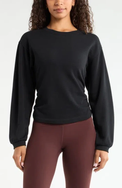 Zella Ruched Side Cotton Blend French Terry Sweatshirt In Black
