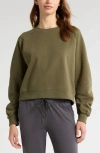 Zella Ruched Sleeve Crewneck Sweatshirt In Olive Night