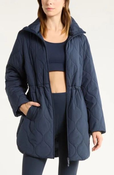 Zella Skyline Longline Quilted Jacket In Blue