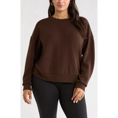 Zella Soft Luxe Boxy Knit Crew Sweatshirt In Brown