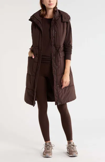Zella Solstice Longline Puffer Vest In Brown Mole