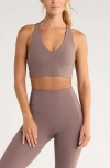 Zella Studio Luxe V-neck Racerback Sports Bra In Brown