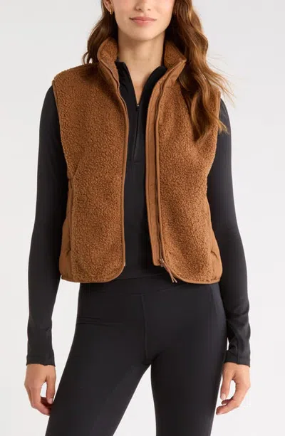Zella Summit Faux Shearling Hybrid Vest In Brown Toffee