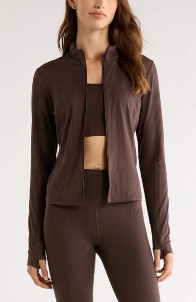 Zella Thrive Rib Knit Zip Front Sweatshirt In Brown