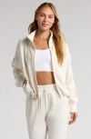 Zella Ultra Soft Ruched Sleeve Front Zip Scuba Jacket In Beige Ivory Heather