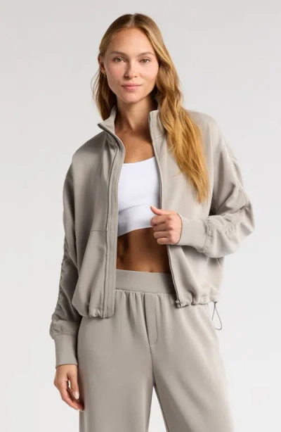 Zella Ultra Soft Ruched Sleeve Front Zip Scuba Jacket In Grey Earl