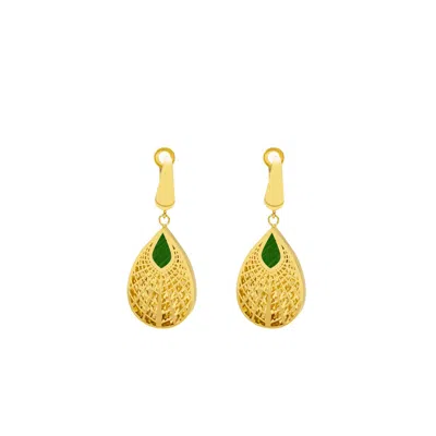 Zelveti Women's Gold / Green Golden Leaf Drop Earrings