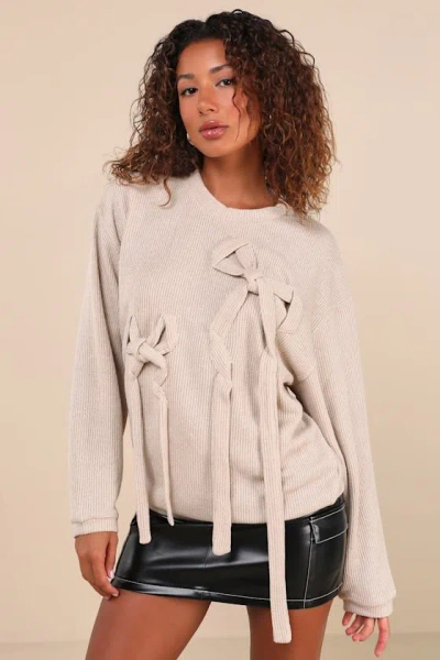 Zemeta Caught On Me Beige Bow Oversized Pullover Sweater