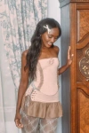 Zemeta Frap Beige Rosette Ruffled Chiffon Strapless Top In Beige