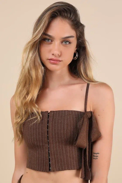 Zemeta My Bow Brown Pinstriped Hook-and-eye Lace-up Cropped Cami Top