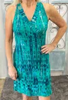 Zen Knits Tropical Tie Dye Racer Back Dress In Teal In Blue
