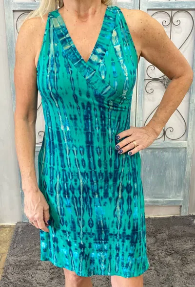 Zen Knits Tropical Tie Dye Racer Back Dress In Teal In Blue