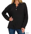 Zenana 4 Button Henley Basic Sweater In Black In Black