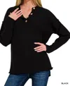 Zenana 4 Button Henley Basic Sweater In Black In Black