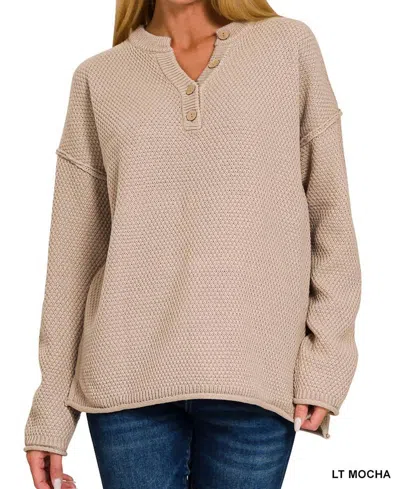 Zenana 4 Button Henley Sweater In Mocha In Brown