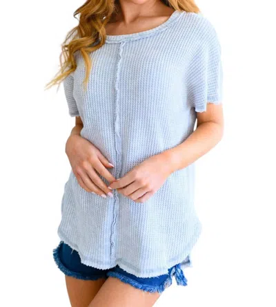 Zenana A Wink And A Smile Waffle Knit Top In Light Grey In Blue