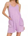 Zenana Acid Crinkle Washed Spaghetti Strap Romper In B Lavender