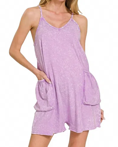 Zenana Acid Crinkle Washed Spaghetti Strap Romper In B Lavender