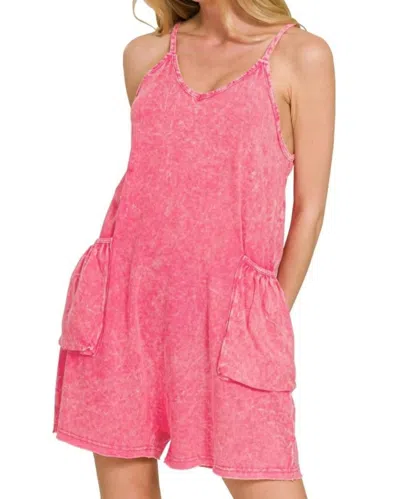 Zenana Acid Crinkle Washed Spaghetti Strap Romper In Fuchsia