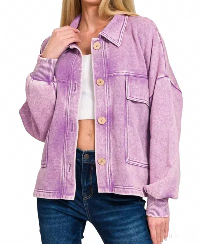 Zenana Acid Wash Fleece Cropped Shacket With Front Pockets In B Violet In Multi