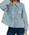 Zenana Acid Wash Fleece Cropped Shacket With Front Pockets In Blue Grey In Blue