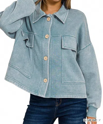 Zenana Acid Wash Fleece Cropped Shacket With Front Pockets In Blue Grey
