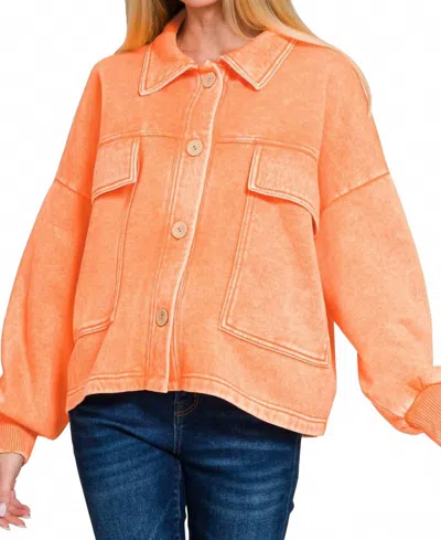 Zenana Acid Wash Fleece Cropped Shacket With Front Pockets In Light Orange