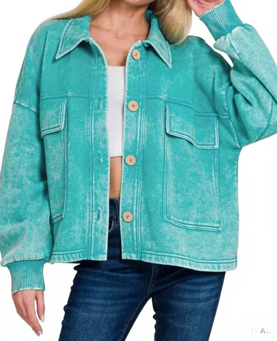 Zenana Acid Wash Fleece Cropped Shacket With Front Pockets In Light Teal In Multi