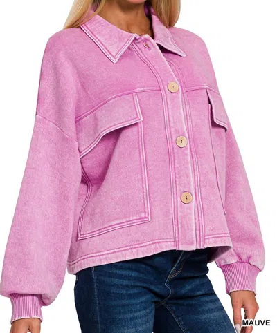 Zenana Acid Wash Fleece Cropped Shacket With Front Pockets In Mauve In Pink