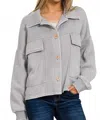 Zenana Acid Wash Fleece Cropped Shacket With Front Pockets In Sleet In Blue
