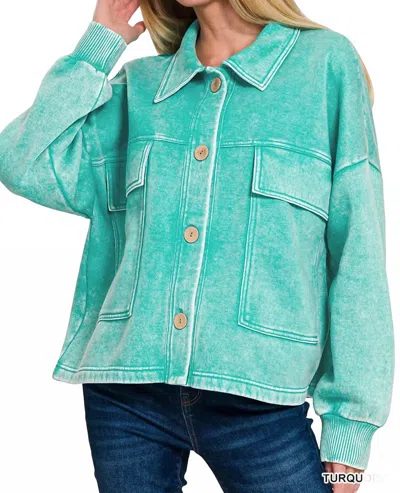Zenana Acid Wash Fleece Cropped Shacket With Front Pockets In Turquoise In Blue
