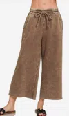 Zenana Acid Wash Fleece Palazzo Sweatpants In Brown In Brown