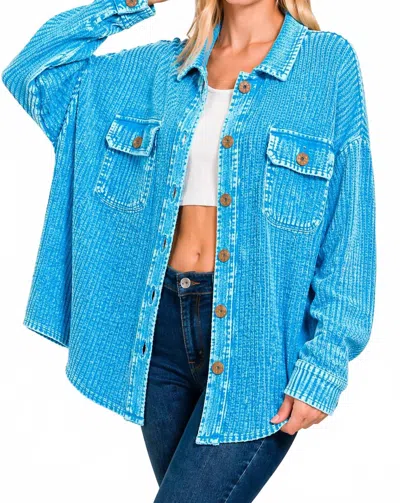 Zenana Acid Wash Oversized Cotton Waffle Shacket In Deep Blue