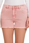 Zenana Acid Washed Frayed Hem Mid Rise Shorts In Ash Rose In Pink
