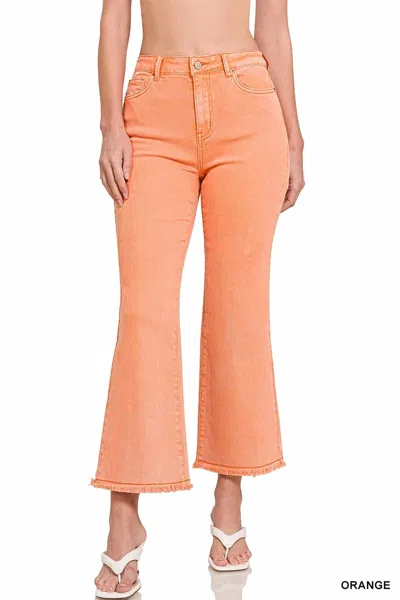 Zenana Acid Washed High Waist Frayed Hem Bootcut Pants In Coral In Pink