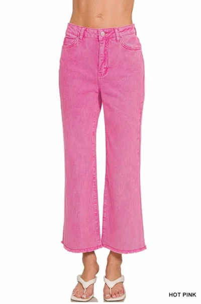 Zenana Acid Washed High Waist Frayed Hem Bootcut Pants In Hot Pink