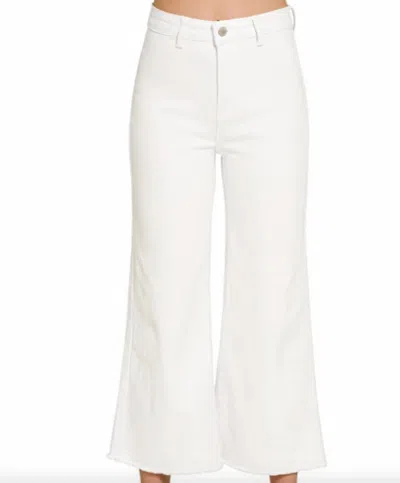 Zenana Acid Washed Waist Frayed Hem Straight Wide Pants In White