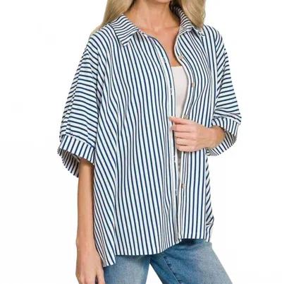 Zenana Addison Button Down Shirt In White With Coral Stripe In Blue