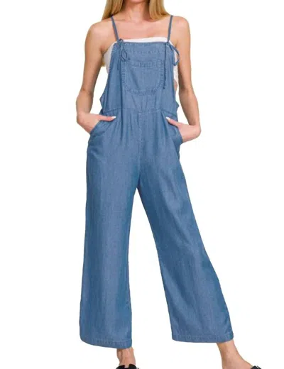 Zenana Adjustable Strap Denim Looking Jumpsuit In Dusty Blue In Multi