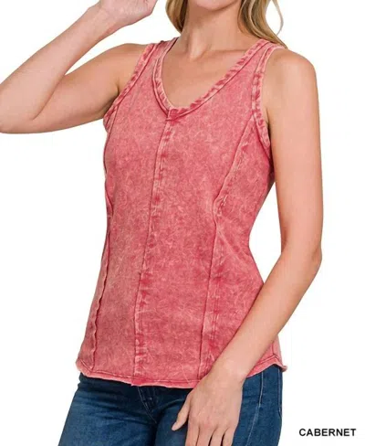 Zenana Alexa Washed Raw Edge Tank Top In Cabernet In Red