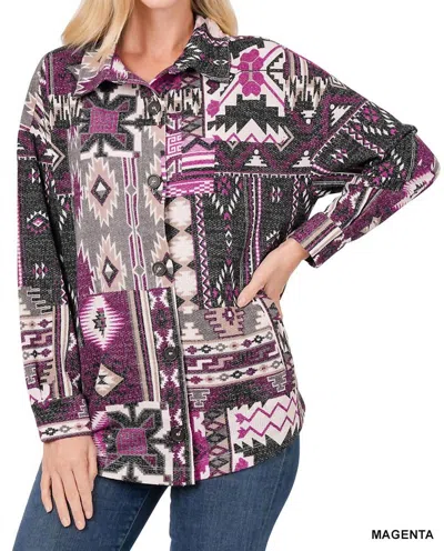 Zenana Aztec Oversized Shacket In Magenta In Multi