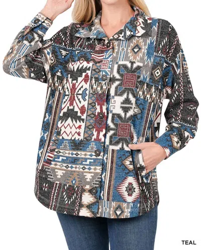 Zenana Aztec Oversized Shacket In Teal In Blue