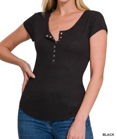 Zenana Baby Waffle Cap Sleeve Henley Top In Black