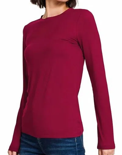Zenana Back To Basic Round Neck Long Sleeve In Cabernet In Red