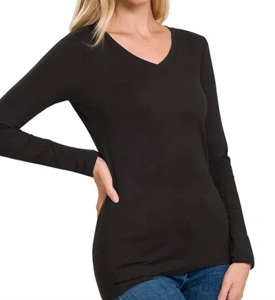 Zenana Back To Basic V-neck Long Sleeve In Black